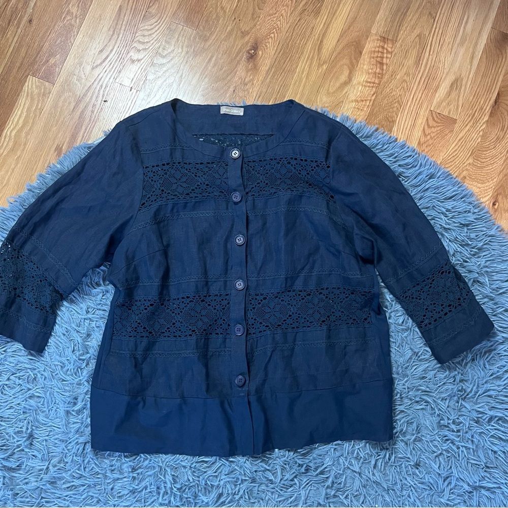 Linen Gallery Navy Button Up Linen Mixed Media Crochet Blouse Size XL